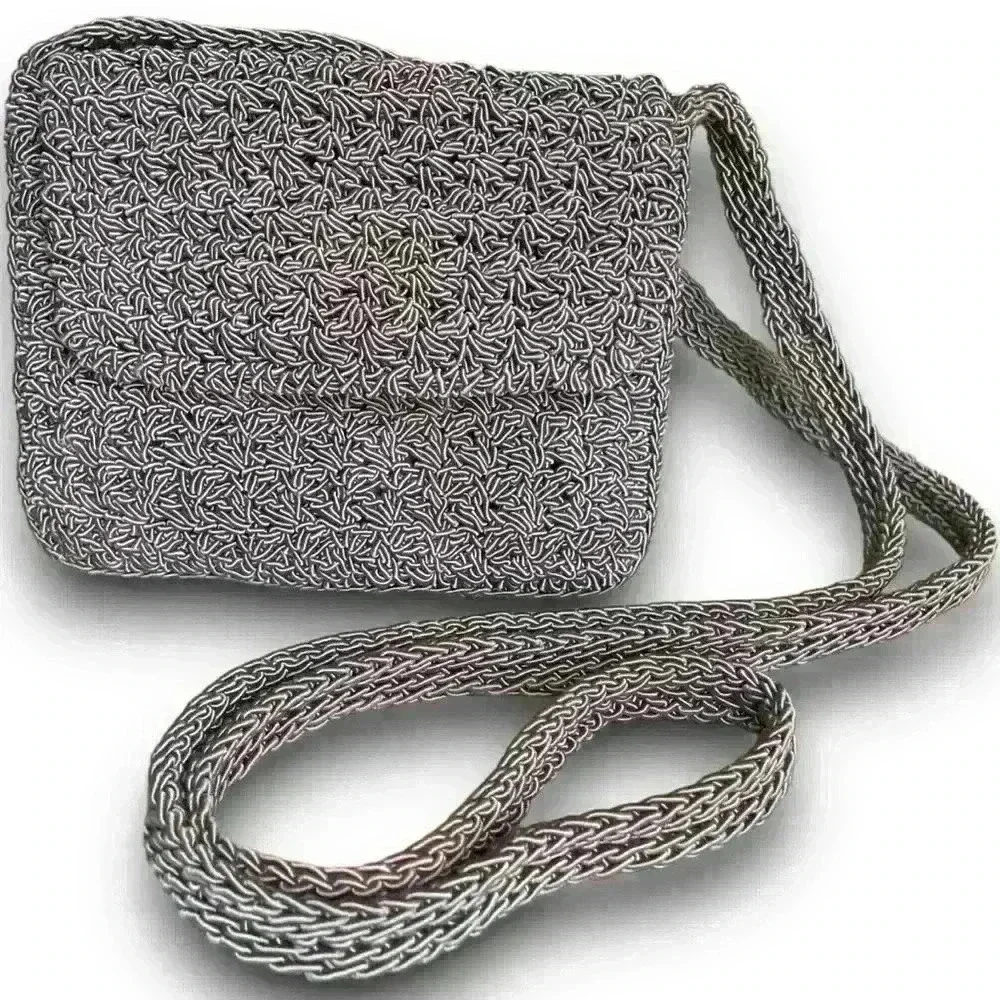 Vtg Gap Crochet Knitted Crossbody‎ Mini Purse Tote Snap Closure Flap Woven Grey - Picture 11 of 11